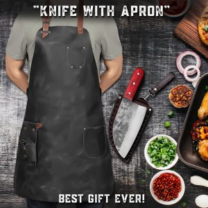 Serbian Chef Knife with Leather Apron Gift Set Assortment for Holidays By Almazan®